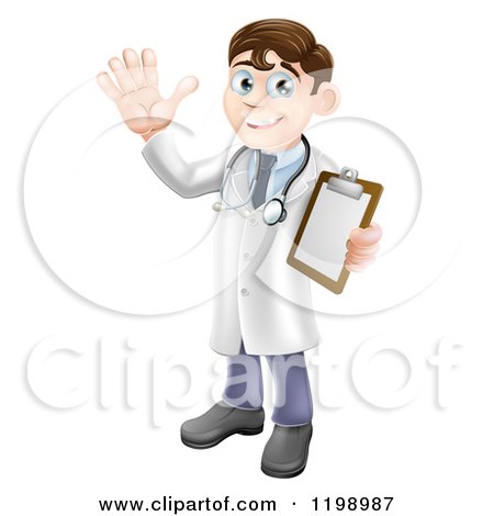 Cartoon of a Friendly Brunette Male Doctor Holding a Medical Chart and Waving - Royalty Free Vector Clipart by AtStockIllustration