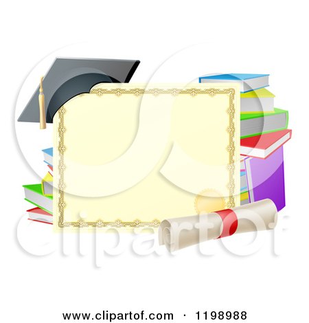 Cartoon of a Certificate Degree with a Diploma Books and Graduation Cap - Royalty Free Vector Clipart by AtStockIllustration