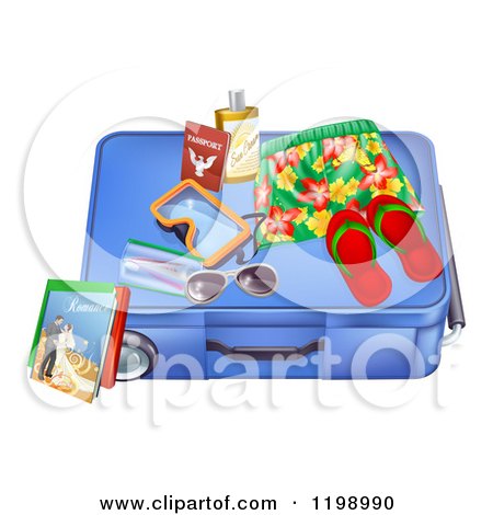 Cartoon of a Blue Suitcase with Travel Items and a Passport - Royalty Free Vector Clipart by AtStockIllustration
