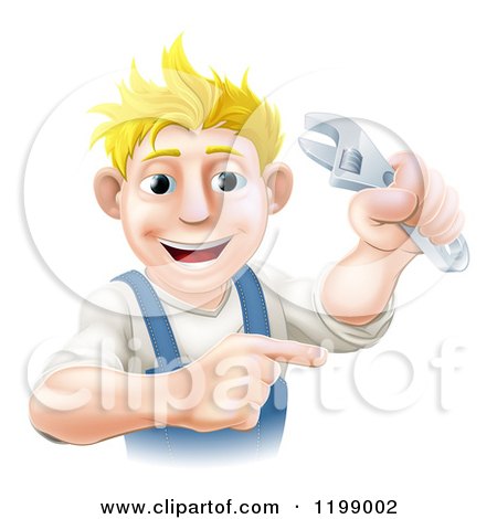Cartoon of a Happy Blond Worker Pointing and Holding an Adjustable Spanner Wrench - Royalty Free Vector Clipart by AtStockIllustration