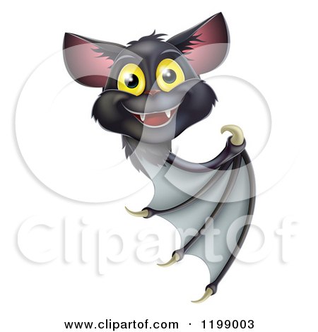 Cartoon of a Cute Happy Vampire Bat Looking Around and Pointing at a Sign - Royalty Free Vector Clipart by AtStockIllustration
