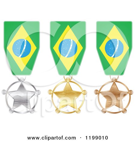 Clipart of Silver Gold and Bronze Star Medals with Brazilian Flag Ribbons - Royalty Free Vector Illustration by Andrei Marincas