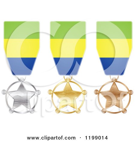 Clipart of Silver Gold and Bronze Star Medals with Gabonese Flag Ribbons - Royalty Free Vector Illustration by Andrei Marincas