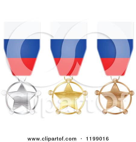 Clipart of Silver Gold and Bronze Star Medals with Russian Flag Ribbons - Royalty Free Vector Illustration by Andrei Marincas