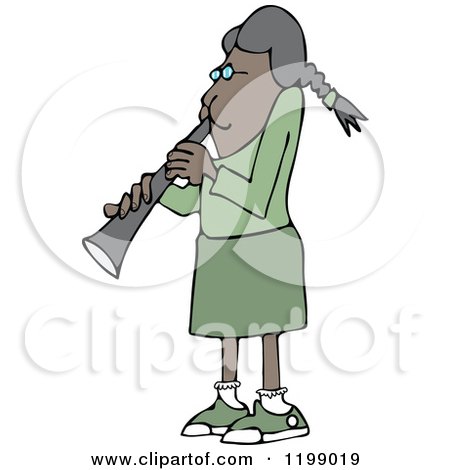 Cartoon of a Black Girl Dressed in Green, Playing a Clarinet - Royalty Free Vector Clipart by djart
