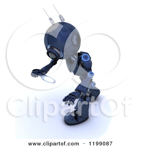 Clipart of a 3d Blue Android Robot Searching with a Magnifying Glass - Royalty Free CGI Illustration by KJ Pargeter
