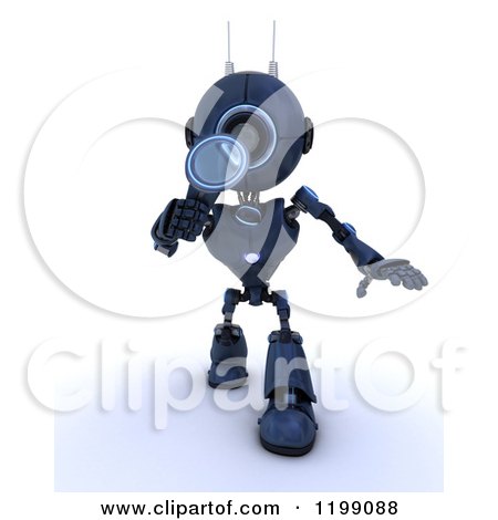 Clipart of a 3d Blue Android Robot Searching with a Magnifying Glass - Royalty Free CGI Illustration by KJ Pargeter