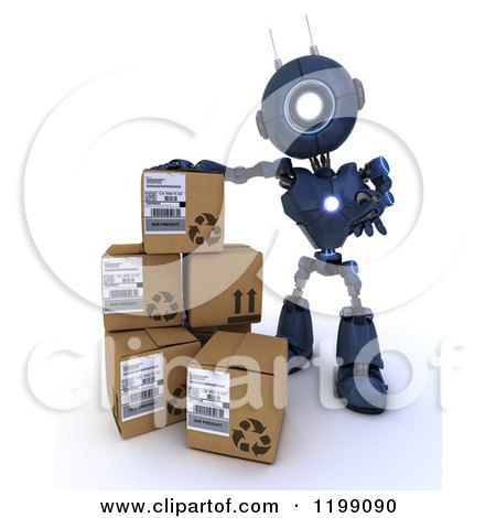 Clipart of a 3d Blue Android Robot Resting a Hand on Shipping Boxes - Royalty Free CGI Illustration by KJ Pargeter