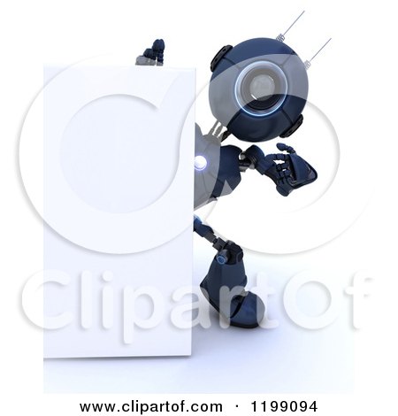 Clipart of a 3d Blue Android Robot by a Sign - Royalty Free CGI Illustration by KJ Pargeter