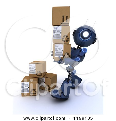 Clipart of a 3d Blue Android Robot Carrying Shipping Boxes - Royalty Free CGI Illustration by KJ Pargeter