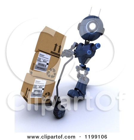 Clipart of a 3d Blue Android Robot Moving Boxes on a Dolly - Royalty Free CGI Illustration by KJ Pargeter