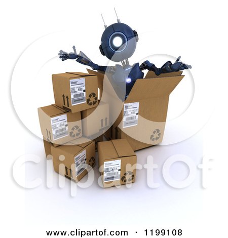 Clipart of a 3d Blue Android Robot in a Shipping Box - Royalty Free CGI Illustration by KJ Pargeter
