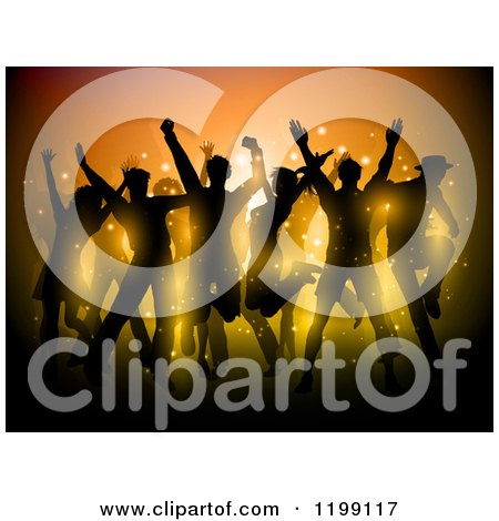 Clipart of a Crowd of Silhouetted People Dancing over Orange with Flares - Royalty Free Vector Illustration by KJ Pargeter