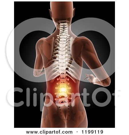 Clipart of a 3d Running Medical Female Model with Glowing Lower Back Pain, on Black - Royalty Free CGI Illustration by KJ Pargeter