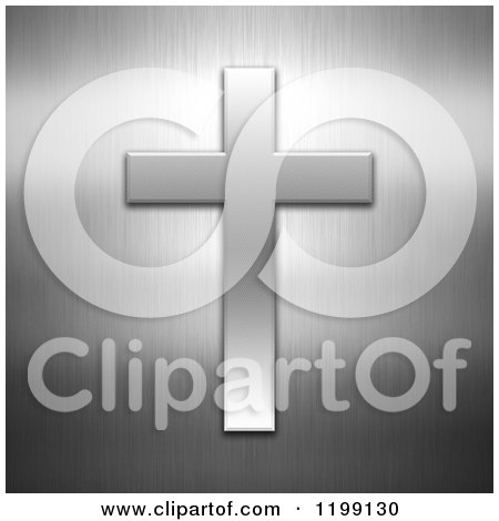 Clipart of a 3d Silver Cross on Brushed Silver - Royalty Free CGI Illustration by KJ Pargeter