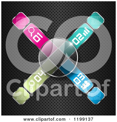 Clipart of a Glass Lens and Numbered Infographic Icons on Perforated Metal - Royalty Free Vector Illustration by KJ Pargeter