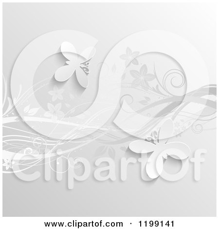 Clipart of a Grayscale Background of Floral Vines and Butterflies - Royalty Free Vector Illustration by KJ Pargeter