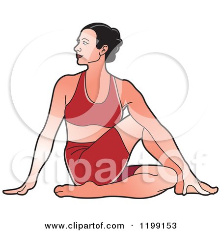 Clipart of a Fit Woman in Red, in the Ardha Matsyendrasana Yoga Pose - Royalty Free Vector Illustration by Lal Perera