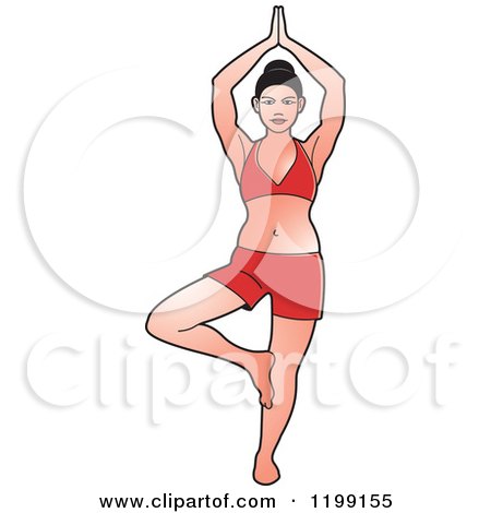 Clipart of a Fit Woman in Red Standing in the Yoga Tree Pose - Royalty Free Vector Illustration by Lal Perera