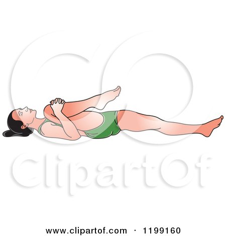 Clipart of a Fit Woman in Green Stretching in the Pavanamuktasana Yoga Pose - Royalty Free Vector Illustration by Lal Perera