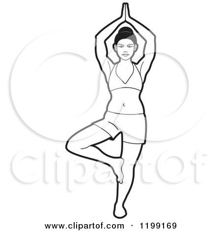 Clipart of a Black and White Fit Woman Standing in the Yoga Tree Pose - Royalty Free Vector Illustration by Lal Perera