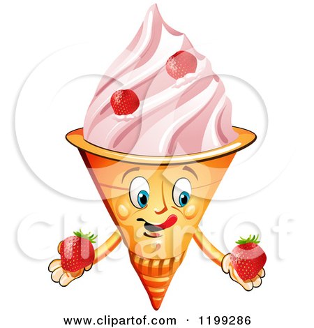 Cartoon of a Waffle Ice Cream Cone Mascot with Strawberries - Royalty Free Vector Clipart by merlinul