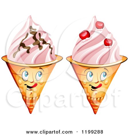 Cartoon of Waffle Ice Cream Cone Mascots with Chocolate and Cherries - Royalty Free Vector Clipart by merlinul