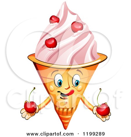 Cartoon of a Waffle Ice Cream Cone Mascot Holding Cherries - Royalty Free Vector Clipart by merlinul