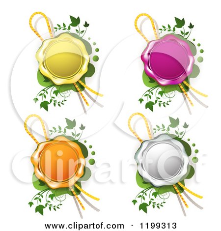 Clipart of Yellow Purple Orange and White Wax Seals with Ribbons over Green with Vines - Royalty Free Vector Illustration by merlinul