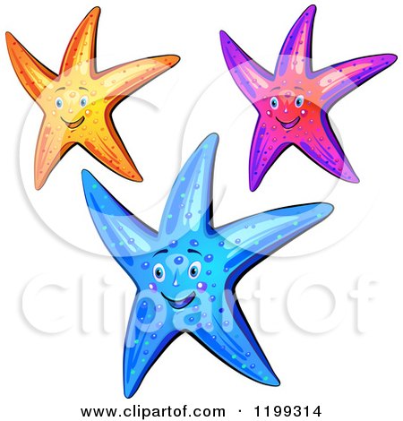 Cartoon of Happy Yellow Purple and Blue Starfish - Royalty Free Vector Clipart by merlinul