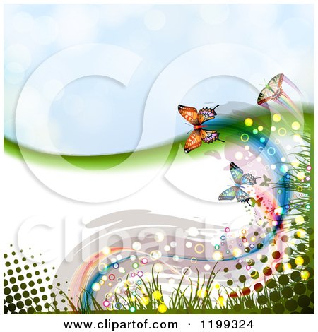 Clipart of a Butterfly Background with Halftone Copyspace and Sky - Royalty Free Vector Illustration by merlinul