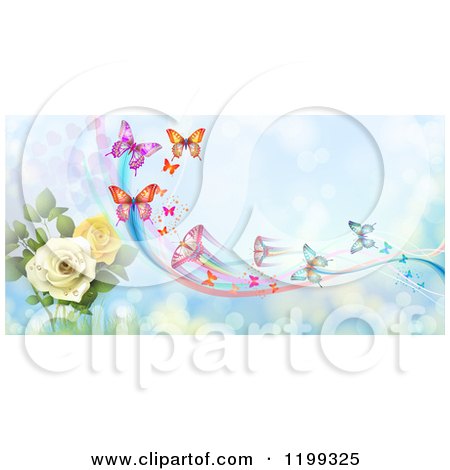 Clipart of a Background of Butterflies with Trails over Blue with Roses - Royalty Free Vector Illustration by merlinul