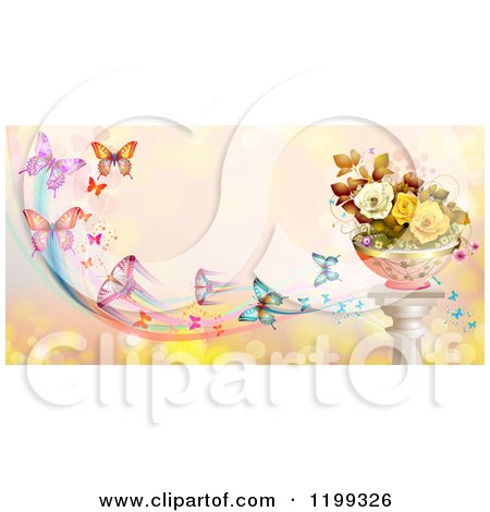 Clipart of a Background of Butterflies with Trails over Pink with Roses on a Stand - Royalty Free Vector Illustration by merlinul