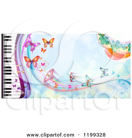 Clipart of a Background of Butterflies over Blue with a Piano Keyboard - Royalty Free Vector Illustration by merlinul