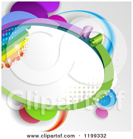 Clipart of an Oval Frame with a Rainbow Ribbon Paper and Halftone over Gray - Royalty Free Vector Illustration by merlinul