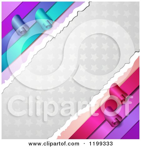 Clipart of a Background of Gray Stars and Diagonal Torn Paper and Curling Ribbons - Royalty Free Vector Illustration by merlinul