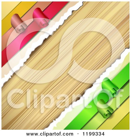 Clipart of a Background of Wood and Diagonal Torn Paper and Curling Ribbons - Royalty Free Vector Illustration by merlinul