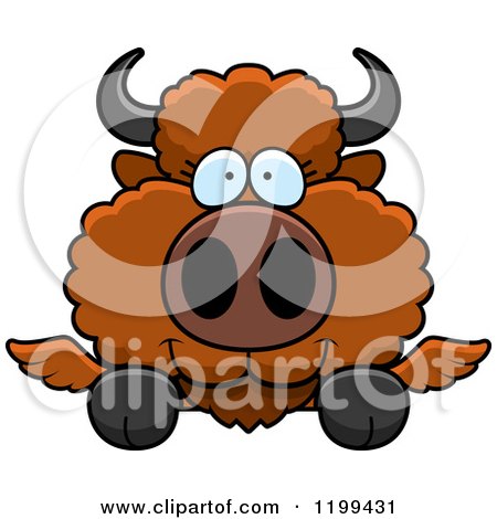 Cartoon of a Cute Winged Buffalo Calf Hanging over a Ledge or Sign - Royalty Free Vector Clipart by Cory Thoman
