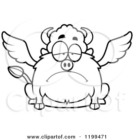 Cartoon of a Black And White Depressed Chubby Winged Buffalo - Royalty Free Vector Clipart by Cory Thoman