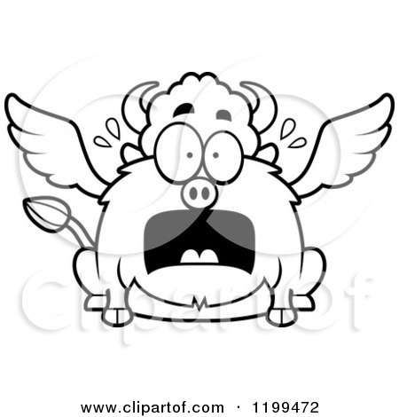 Cartoon of a Black And White Scared Chubby Winged Buffalo - Royalty Free Vector Clipart by Cory Thoman