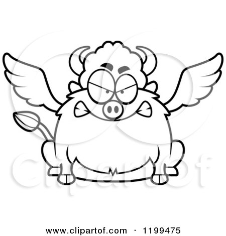 Cartoon of a Black And White Mad Chubby Winged Buffalo - Royalty Free Vector Clipart by Cory Thoman