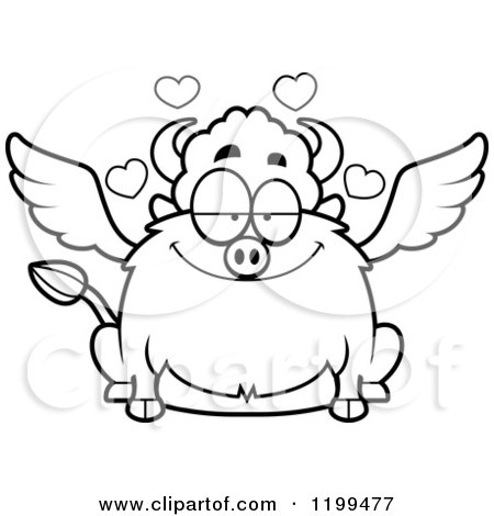 Cartoon of a Black And White Bored Chubby Winged Buffalo - Royalty Free Vector Clipart by Cory Thoman