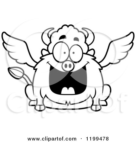 Cartoon of a Black And White Happy Grinning Chubby Winged Buffalo - Royalty Free Vector Clipart by Cory Thoman