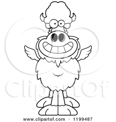 Cartoon of a Black And White Grinning Winged Buffalo - Royalty Free Vector Clipart by Cory Thoman