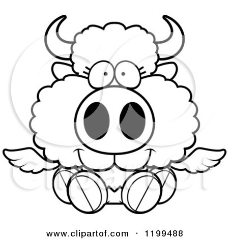 Cartoon of a Black And White Cute Sitting Winged Buffalo Calf - Royalty Free Vector Clipart by Cory Thoman