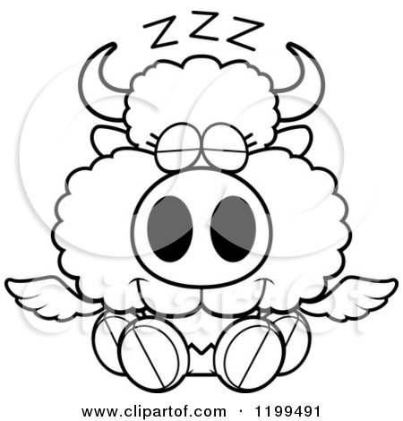 Cartoon of a Black And White Cute Sleeping Winged Buffalo Calf - Royalty Free Vector Clipart by Cory Thoman