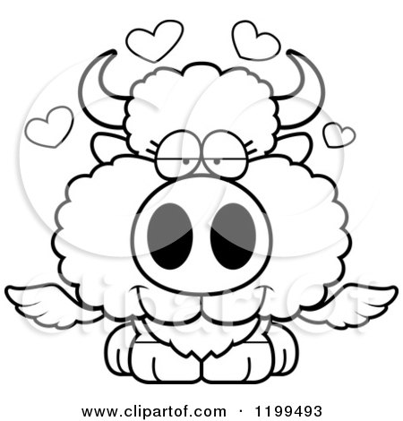Cartoon of a Black And White Loving Winged Buffalo Calf with Hearts - Royalty Free Vector Clipart by Cory Thoman