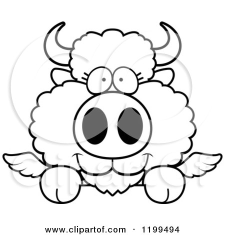Cartoon of a Black And White Cute Winged Buffalo Calf Hanging over a Ledge or Sign - Royalty Free Vector Clipart by Cory Thoman