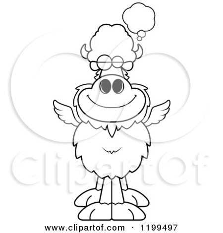 Cartoon of a Black And White Dreaming Winged Buffalo - Royalty Free Vector Clipart by Cory Thoman