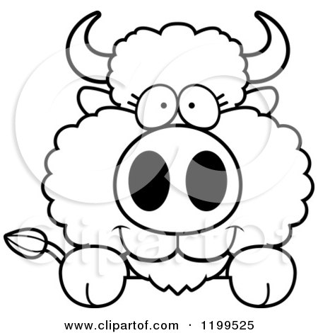 Cartoon of a Black And White Cute Buffalo Calf Hanging over a Surface or Sign - Royalty Free Vector Clipart by Cory Thoman
